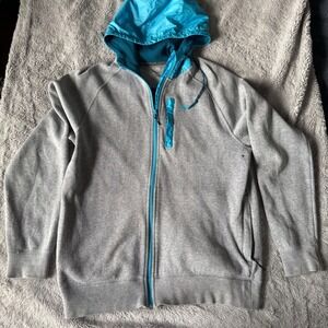 Nike Womens Full Zip Hoodie Grey Teal Waffle Knit Lined Hooded Jacket